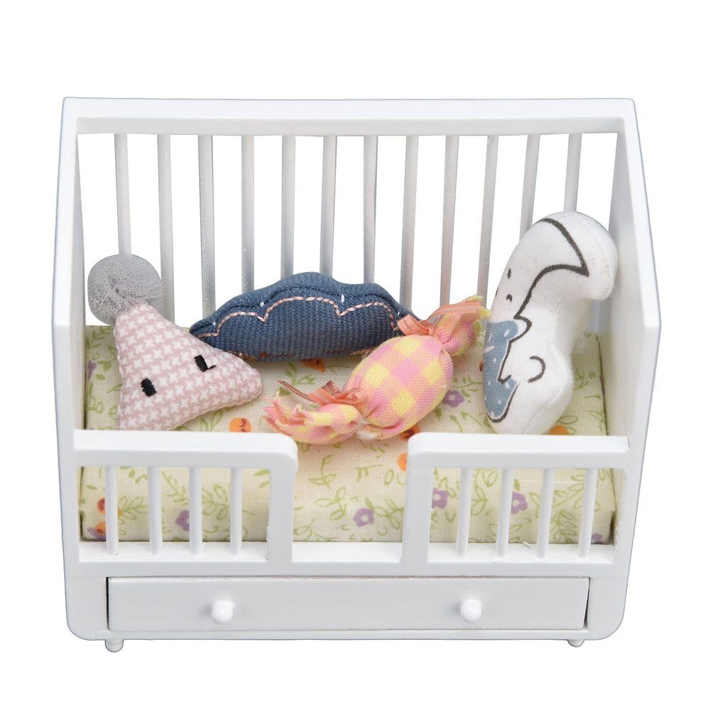 Dollhouse Crib, 1:12 Miniature Dollhouse Baby DIY Accessoreis with 4 Cushions for Dollhouse Room for Kids