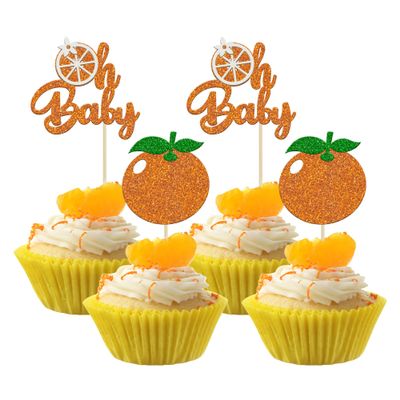24Pcs Little Cutie Cupcake Toppers Glitter Orange Oh Baby Cupcake Picks Citrus Theme Baby Shower Decorations for Cutie Kids Birthday Party Baby Shower Gender Reveal Fruit Party Supplies