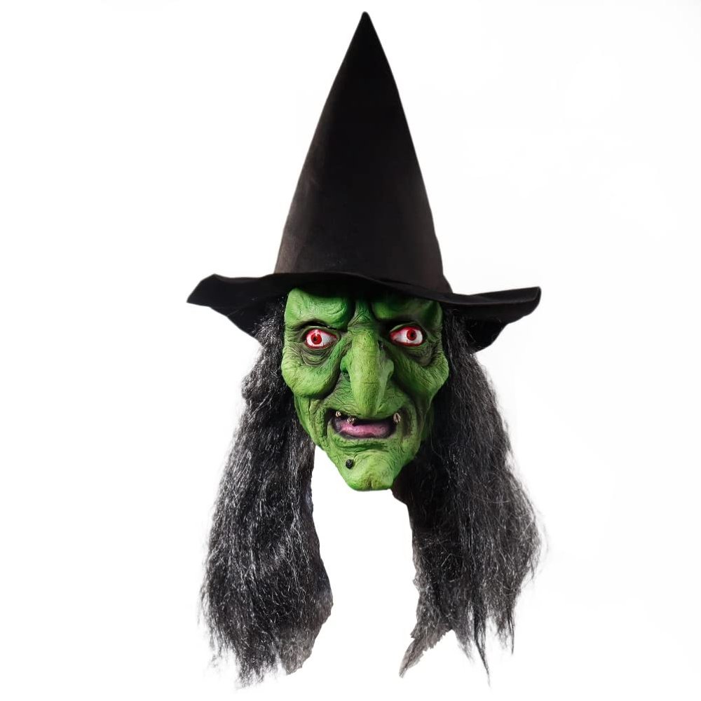 OHEPFD Old Woman Witch Face Cover with Hair and Hat Latex Halloween Costume Creepy Scary Party Witch Costume Dress up Props, Green, 55-62cm