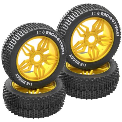 ShareGoo OD 4.52" 1/8 RC Buggy Rubber Tires Tyre w/ 5 Spoke Plastic Rim 17mm Hex Compatible with Arrma Kyosho Exceed RC Traxxas Redcat HSP HPI 1/8 Scale Off Road Car Buggy (Yellow)