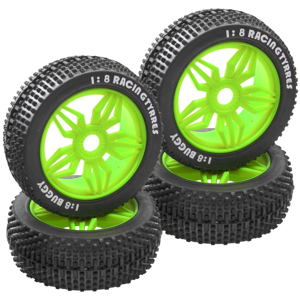 ShareGoo OD 4.52" 1/8 RC Buggy Rubber Tires Tyre w/ 5 Spoke Plastic Rim 17mm Hex Compatible with Arrma Kyosho Exceed RC Traxxas Redcat HSP HPI 1/8 Scale Off Road Car Buggy (Green)