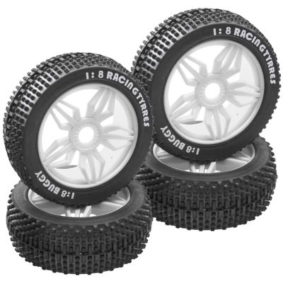 ShareGoo OD 4.52" 1/8 RC Buggy Rubber Tires Tyre w/ 5 Spoke Plastic Rim 17mm Hex Compatible with Arrma Kyosho Exceed RC Traxxas Redcat HSP HPI 1/8 Scale Off Road Car Buggy (White)