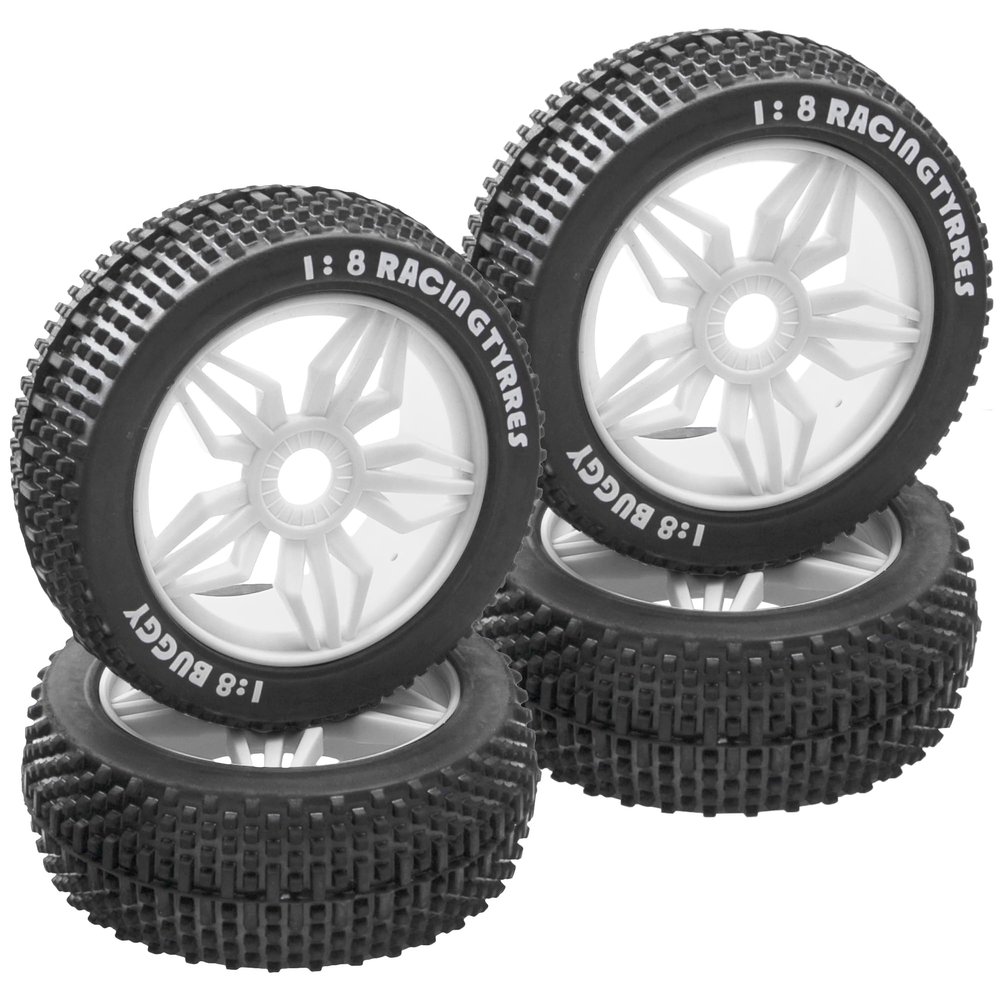 ShareGoo OD 4.52" 1/8 RC Buggy Rubber Tires Tyre w/ 5 Spoke Plastic Rim 17mm Hex Compatible with Arrma Kyosho Exceed RC Traxxas Redcat HSP HPI 1/8 Scale Off Road Car Buggy (White)