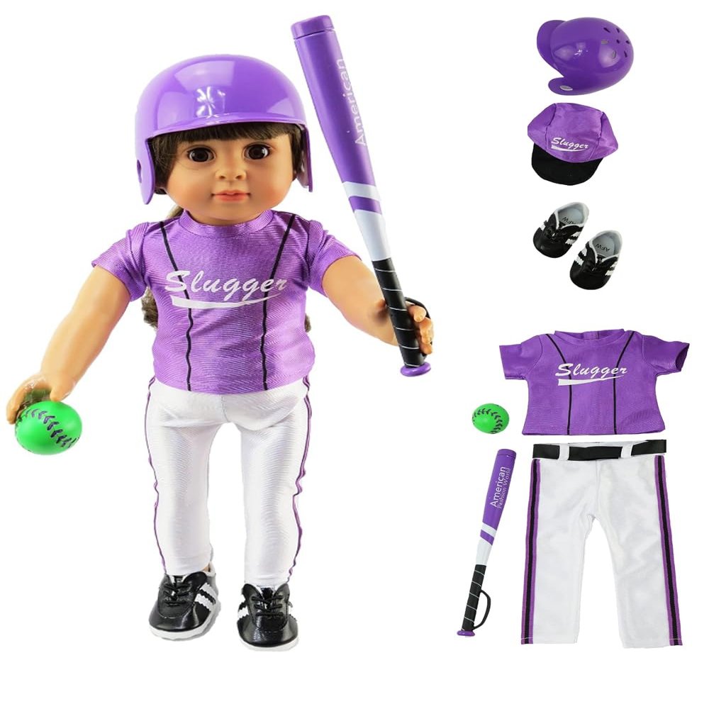American Fashion World Purple Baseball Outfit for 18-Inch Dolls | Shoes and Accessories Included | Dolls Clothes | Fashions for Dolls for Popular Brands