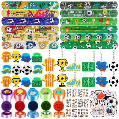 108Pcs Soccer Party Favors Soccer Stamps Slap Bracelets Keychains Rings Stickers Temporary Tattoos for Kids Birthday Party Supplies, Sports Party, Carnival Prizes, Prize Box Gift, Pinata Goodie Bag