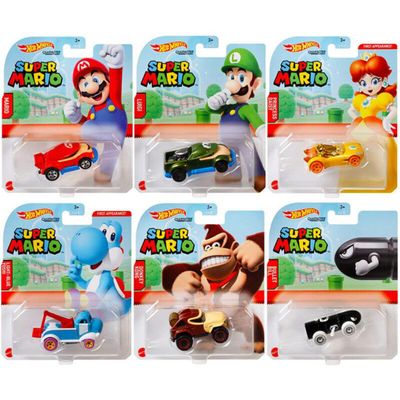 Hot Wheels Super Mario Character Cars Complete Bundle of 6 (GJJ23956G) | Includes Mario, Luigi, Princess Daisy, Blue Yoshi, Donkey Kong & Bullet Bill | 1:64 Scale Die-Cast Vehicles Mattel Ages 3+