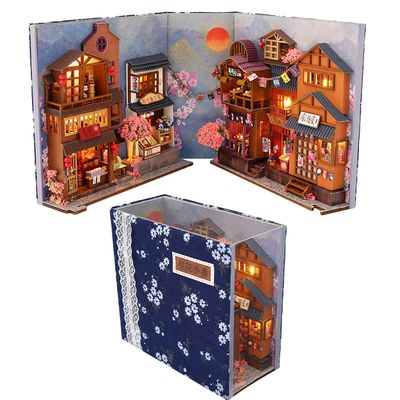 Miniature Dollhouse with Furniture and LED Lights,3D Book House Model Kit Wooden Dollhouse, 1:24 Scale Wooden Handmade Building Model Puzzle Toy(Cherry Blossom Alley) (Cherry Blossom Alley)