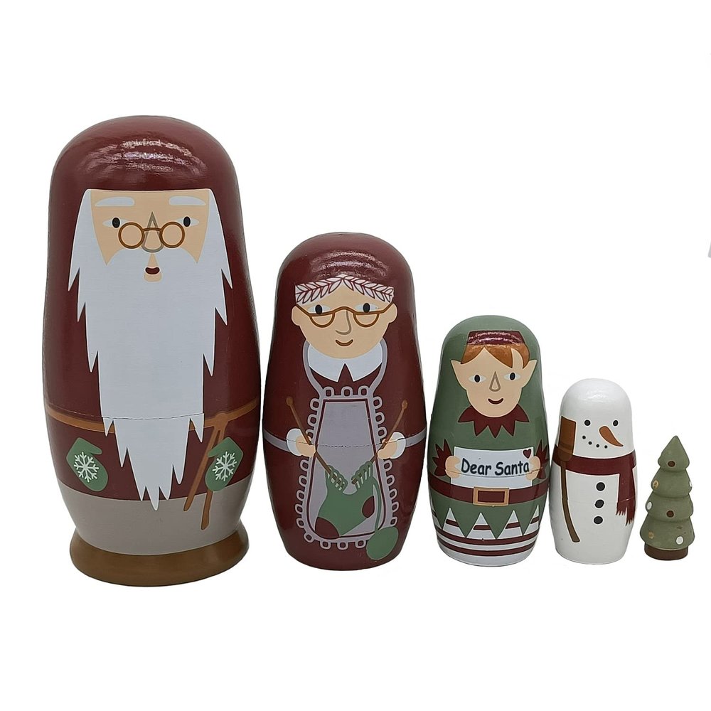 Konrisa Santa Nesting Dolls 5 Piece Set, Wooden Stacking Dolls Santa Statue Figurine Decoration Matryoshka Toys for Kids