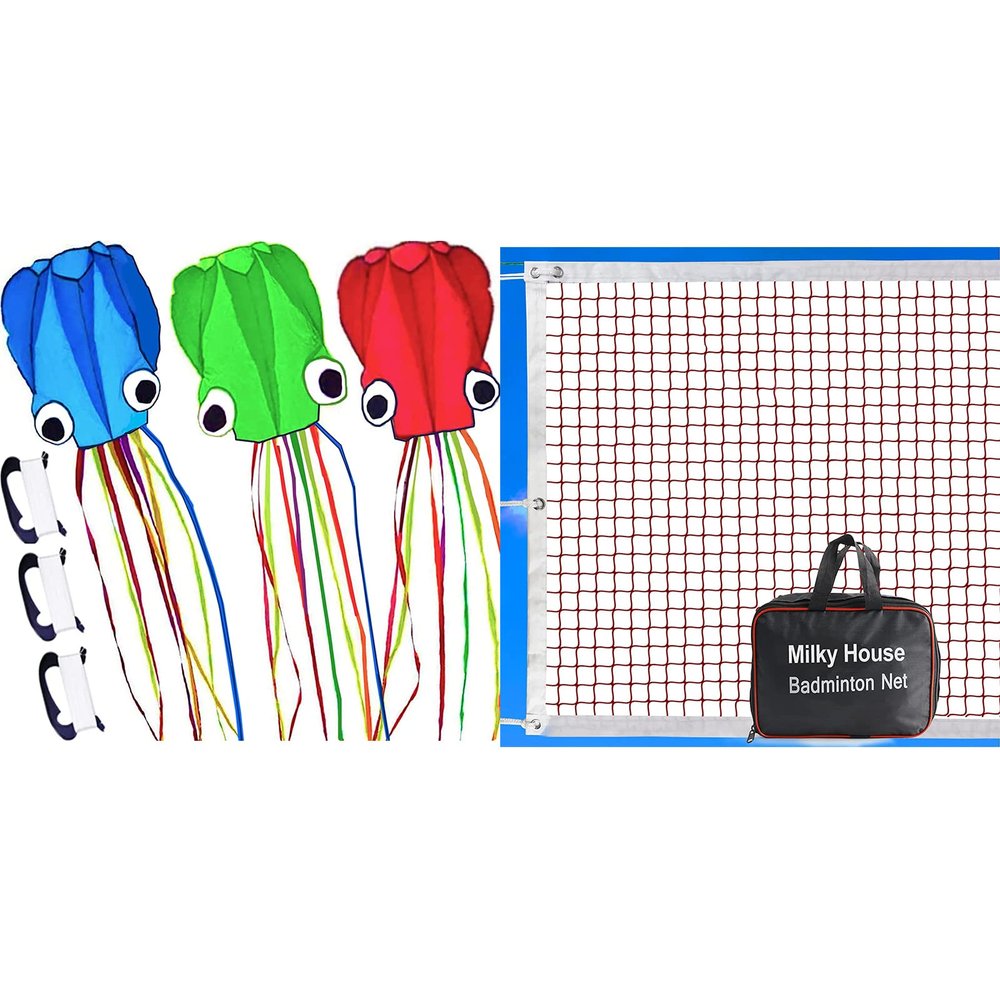 3 Pack Octopus Kite, 3D Kite Long Tail Easy Flyer Kite Beach Kites People Adults Gift Kites for Kids Easy to Fly, Badminton Net Portable, Badminton Nets with Bag, Badminton Net for Backyard
