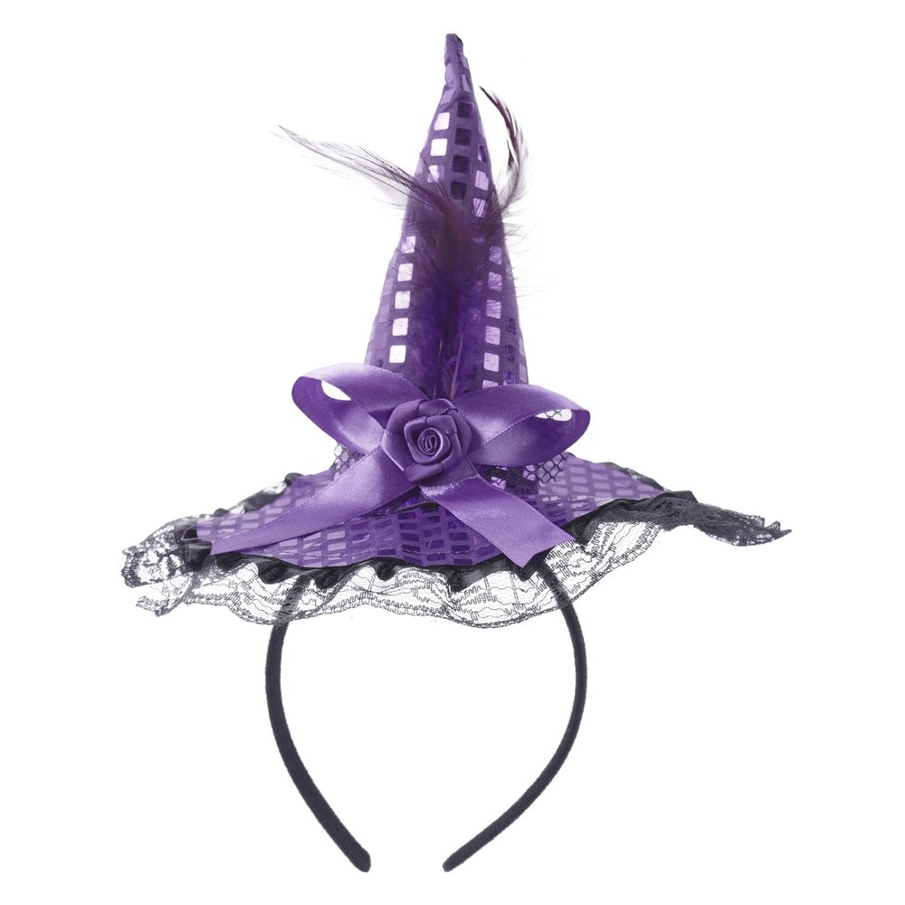 Dzrige Halloween Witch Hat Headband Witch Feather Headwear with Lace Trim Witch Hat Headpiece Accessories for Halloween Party Cosplay (Purple)