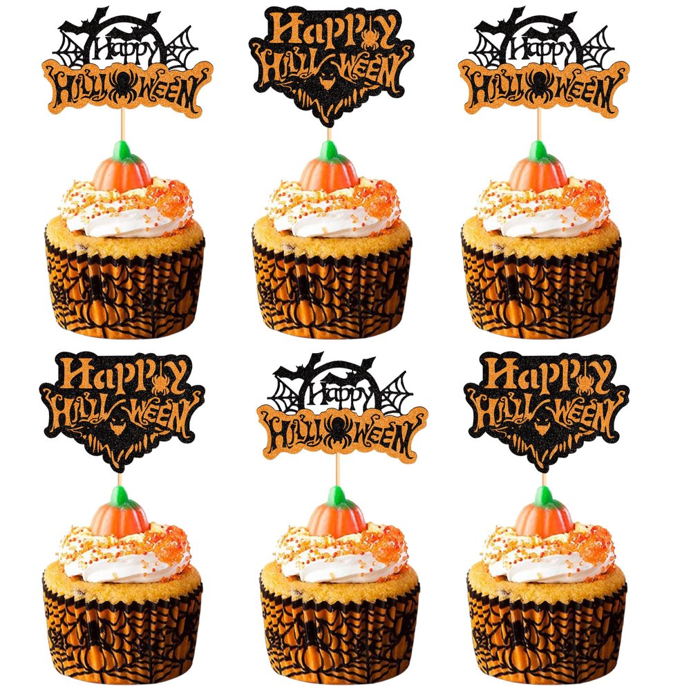 Ercadio 24pcs Traditional Happy Halloween Cupcake Toppers Spider Web Cupcake Decors for Halloween Birthday Party Cake Decor Supplies