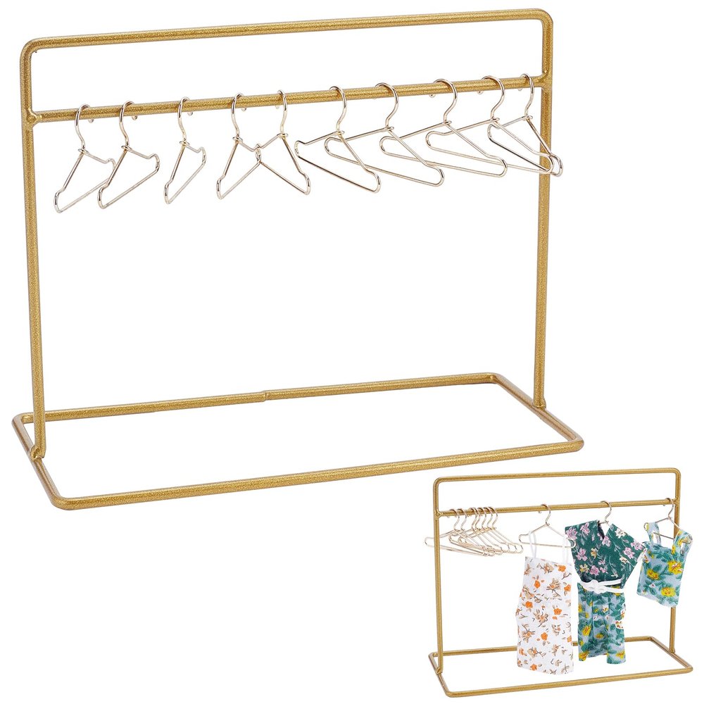 SUPERFINDINGS 1 Set Doll Garment Rack Including 1Pc 6x2.8x4.7inch Doll Clothes Storage Rack Doll Closet and 10Pcs Mini Doll Clothes Hangers Doll Wardrobe Furniture Accessories for Dollhouse Supplies