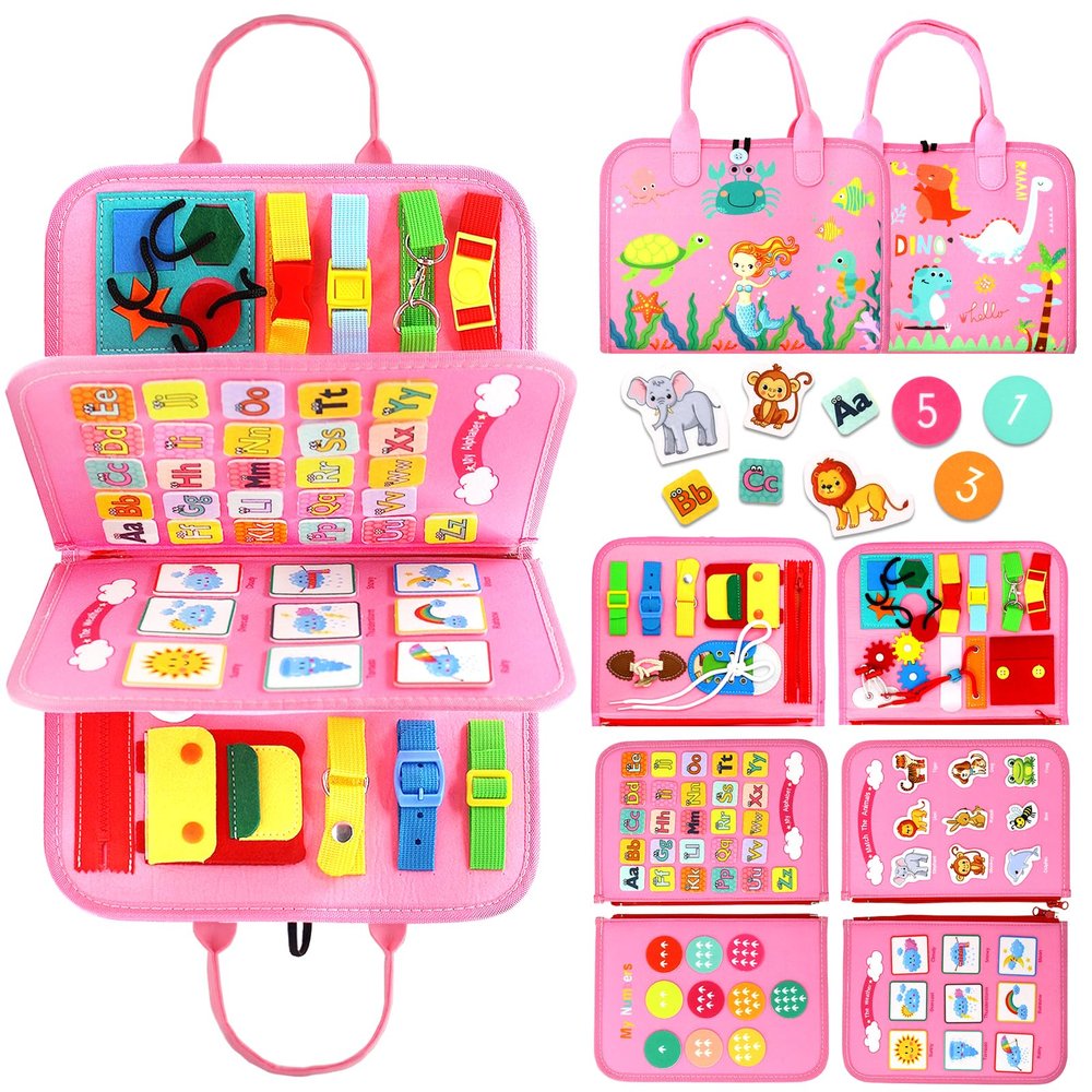 Qizfun Busy Board Montessori Toy for Toddlers, Educational Sensory Learning Toy for Fine Motor Skills, Preschool Travel Toy for Airplane & Car, Gifts for Boys and Girls (Pink/P4)