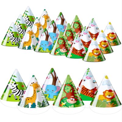 30 Pcs Animal Party Hats for Kids Safari Birthday Cone Hats 6 x 7.87" Jungle Zoo Birthday Party Supplies Decorations for DIY Photo Props Toddlers Baby, Tiger, Giraffe, Elephant, Monkey, Lion, Zebra