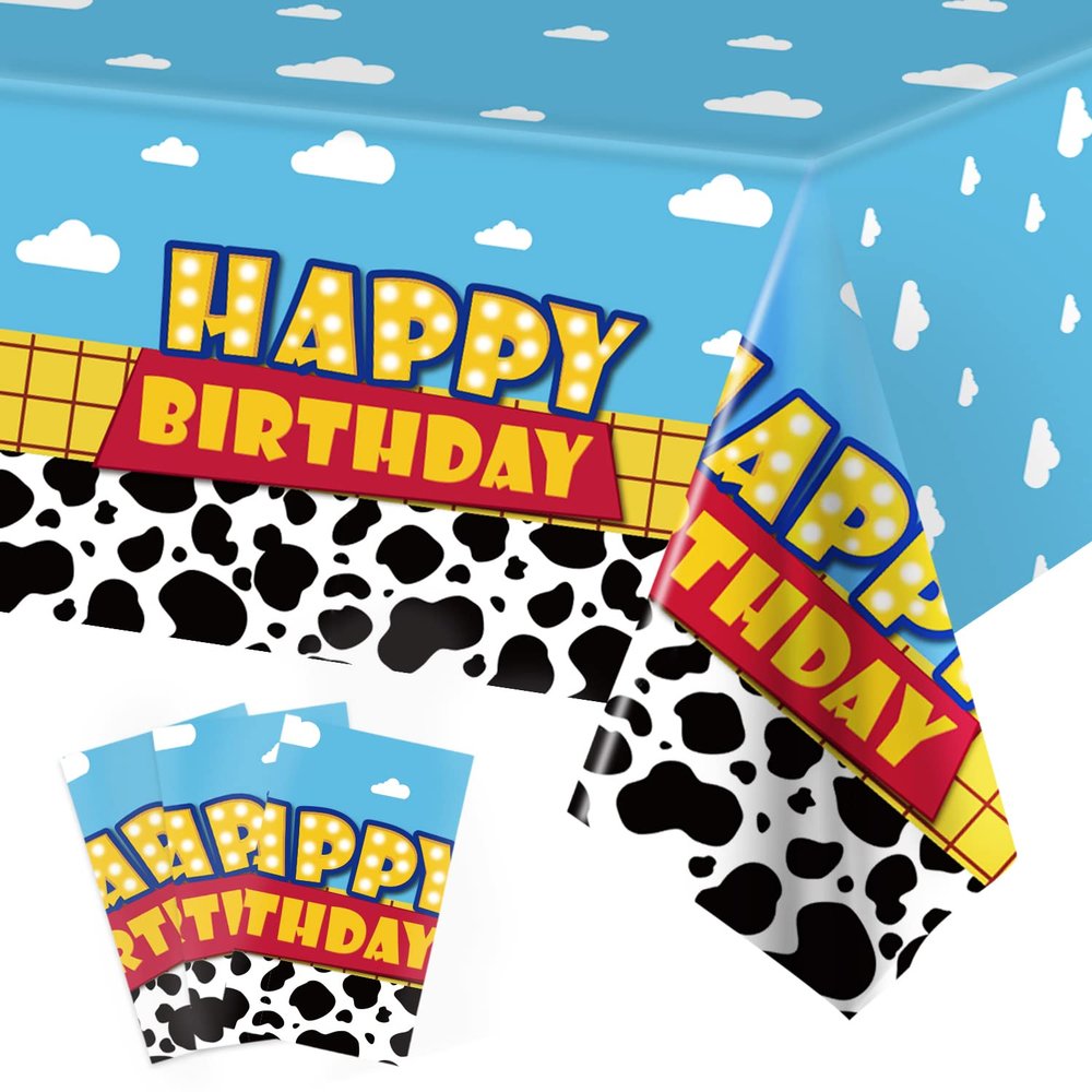 3 Pack Cartoon Story Birthday Party Supplies Cow Pattern Printed Table Cover Blue Sky and White Cloud Tablecloths Cow Birthday Party Decoration for Boy Girl Kid Birthday Party Decor 54 x 108 inch