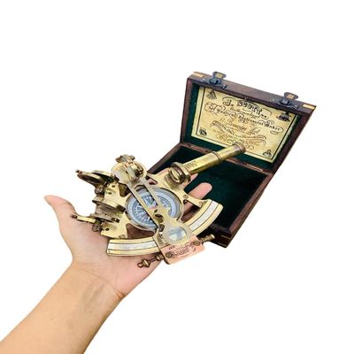 Nautical Handmade Brass Sextant with Inbuilt Compass in Wooden Box Marine Astrolabe Model Sextant
