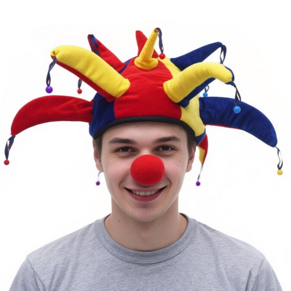 PENINSULA LOVE Mardi Gras Jester Hat Court Clown Plush Costume Hat with Nose for Halloween Carnival Party Cosplay Funny Prop