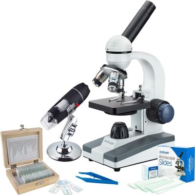 AmScope Super Savings - 40X-1000X Portable LED Monocular Student Microscope with 25-Piece Prepared Slides Set and Tweezers Plus Bonus Handheld Multi-USB Digital Microscope for PC and Android