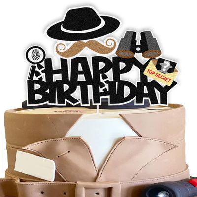 Secret Agent Spy Cake Toppers Detective Birthday Decoration with Secret Agent Fingerprint Footprint Telescope for Secret Agent Spy Detective Themed Birthday Party