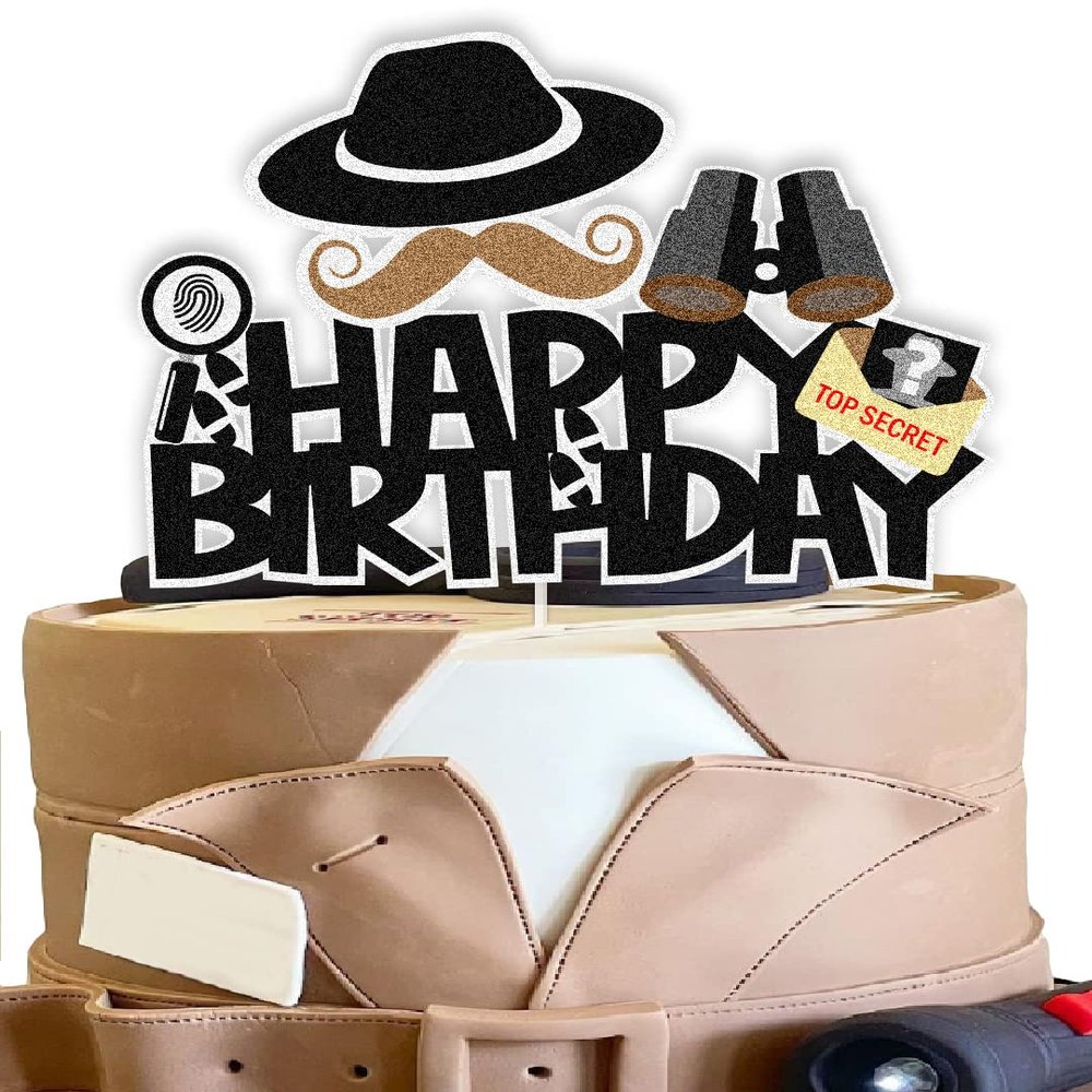 Secret Agent Spy Cake Toppers Detective Birthday Decoration with Secret Agent Fingerprint Footprint Telescope for Secret Agent Spy Detective Themed Birthday Party