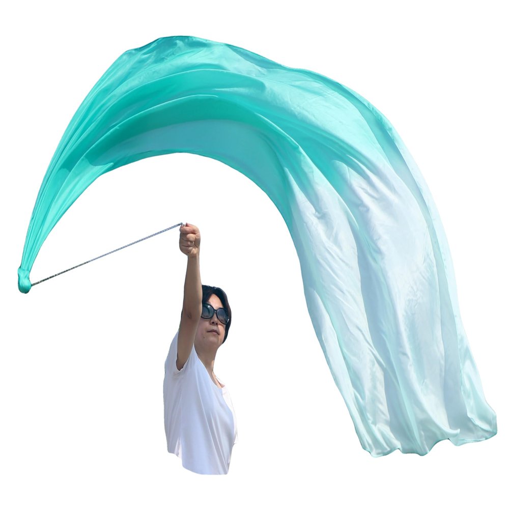 Winged Sirenny 90" Play Silk Scarf with Poi Ball, Colorful Silk Flag Ribbon Streamer, Belly Dance Practice VOI, Single Piece (Aqua Fading)