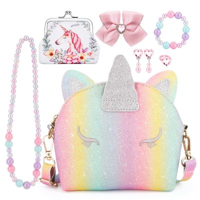 JYPS 7PCS Toddler Purse for Girl, Girls Wallet with Pretend Play Toys, Princess Toys with Kids Dress Up Jewelry Set (Rainbow Unicorn)
