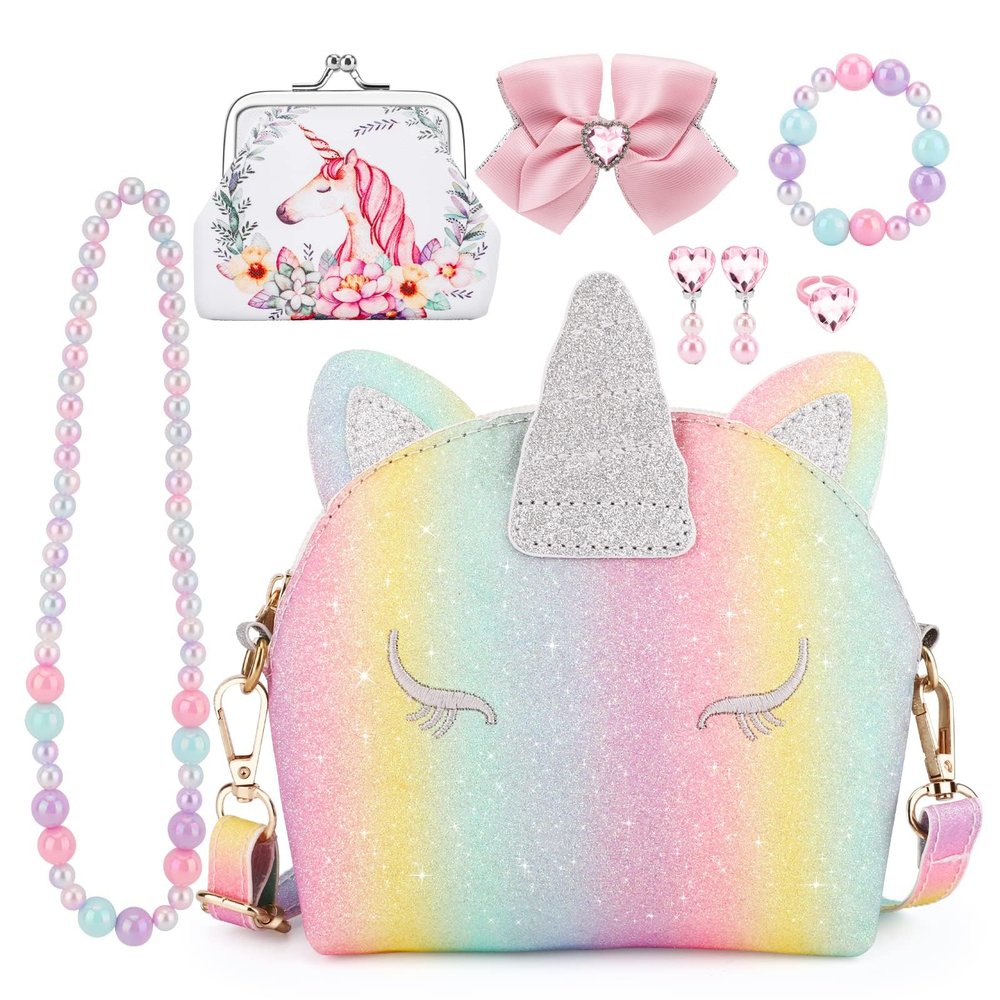 JYPS 7PCS Toddler Purse for Girl, Girls Wallet with Pretend Play Toys, Princess Toys with Kids Dress Up Jewelry Set (Rainbow Unicorn)