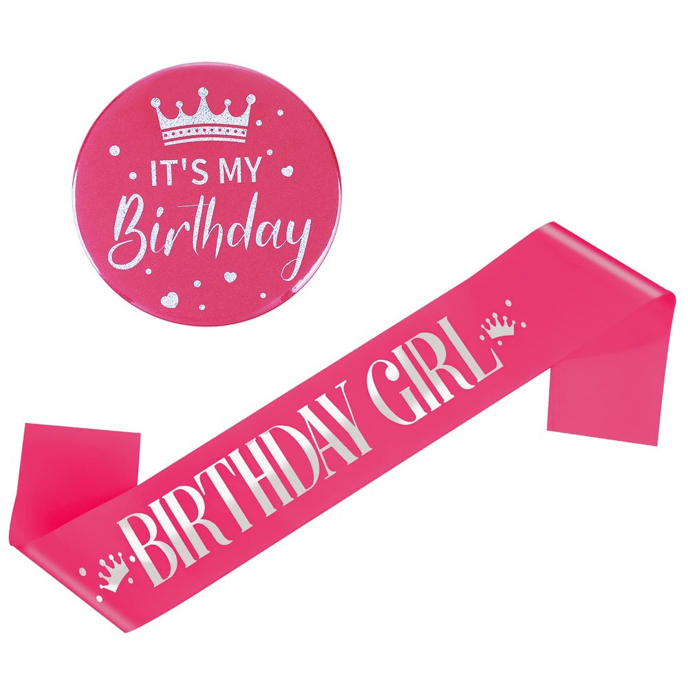 Grevosea Birthday Girl Decorations - Set Includes Girl Sash & Its My Birthday Badge for Kids Parties