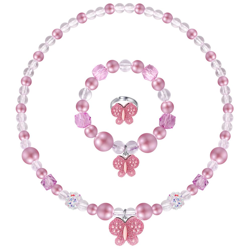 Annilubaby Butterfly Jewelry Set, Kids Jewelry for Girls Included Necklace Bracelet Ring, Stretchy Toddler Play Jewelry Cute Toddlers Lovely Pendant,Pretend Dress up Necklace
