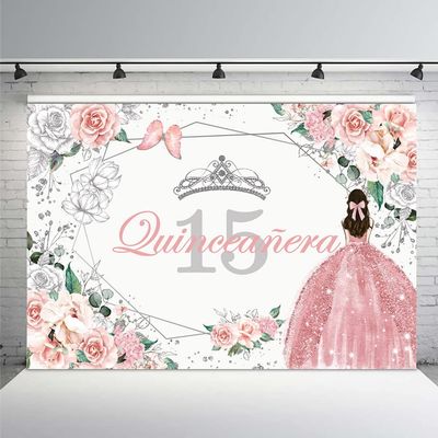 MEHOFOND Quinceanera 15 Backdrop for Sweet 15 Quince Aos Girls Party Banner Rose Gold Floral Background Sliver Glitter Crown Princess Quinceaera Birthday Decorations Props Cake Table Supplies 7x5ft