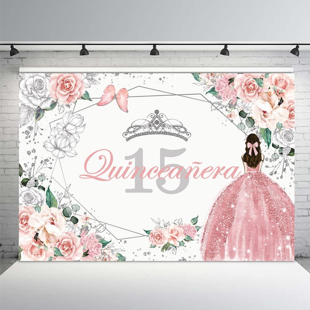 MEHOFOND Quinceanera 15 Backdrop for Sweet 15 Quince Aos Girls Party Banner Rose Gold Floral Background Sliver Glitter Crown Princess Quinceaera Birthday Decorations Props Cake Table Supplies 7x5ft