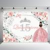 MEHOFOND Quinceanera 15 Backdrop for Sweet 15 Quince Aos Girls Party Banner Rose Gold Floral Background Sliver Glitter Crown Princess Quinceaera Birthday Decorations Props Cake Table Supplies 7x5ft view 1