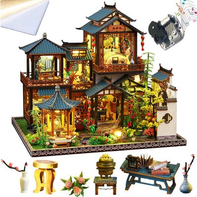 TOPBSFARNY 3D Wooden Miniature Dollhouse Kit Chinese Ancient Painting Style Double Layer Model DIY Christmas Crafts Wood Toy Handcraft Artwork for Adults