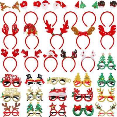Jexine 32 Pcs Christmas Headbands and Glasses Frame Christmas Glittered Glasses Frame Eyewear Decoration for Xmas Party Favor (Classic Style)