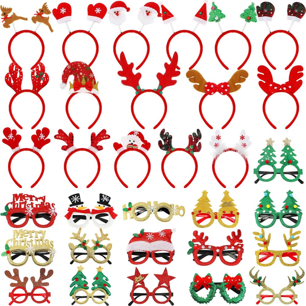 Jexine 32 Pcs Christmas Headbands and Glasses Frame Christmas Glittered Glasses Frame Eyewear Decoration for Xmas Party Favor (Classic Style)