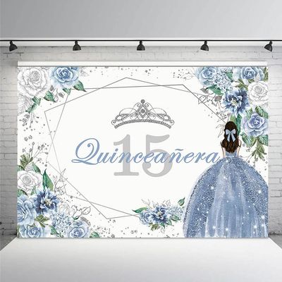 MEHOFOND Quinceanera 15 Backdrop for Sweet 15 Quince Aos Girls Party Banner Blue Floral Background Sliver Glitter Crown Princess Quinceaera Birthday Decorations Props Cake Table Supplies 8x6ft