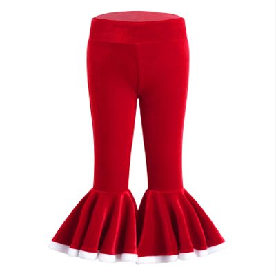 Aislor Girls Christmas Flared Bell Bottoms Trousers Velvet Ruffles Leggings Pants Bottoms Santa Theme Party Costume Red 2 Years