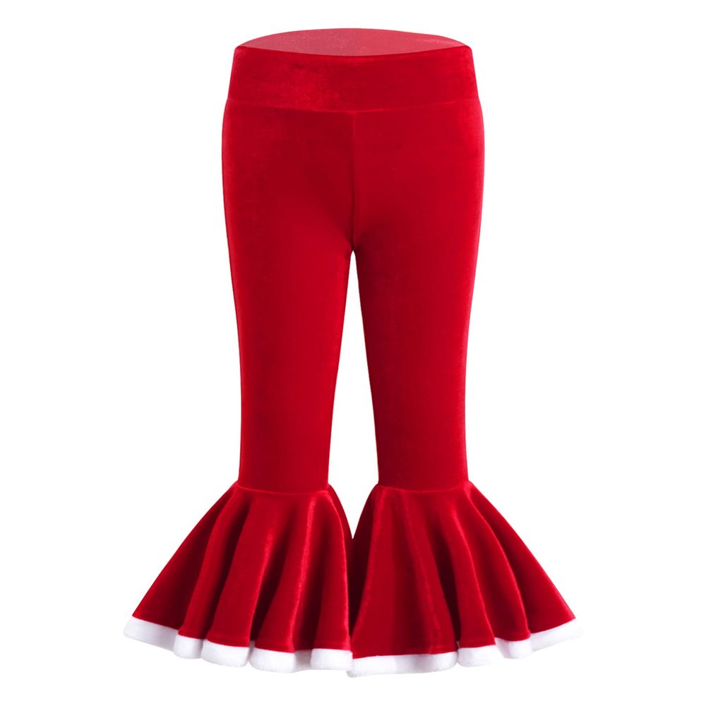 Aislor Girls Christmas Flared Bell Bottoms Trousers Velvet Ruffles Leggings Pants Bottoms Santa Theme Party Costume Red 2 Years