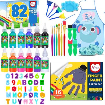 AROIC 82 Pack Washable Finger Paint Set, 12 Color Finger Paints 1 oz Each, Sponges, Painting Brushes, Waterproof Painting Apron, Palette Paper Drawing Gifts for Adults