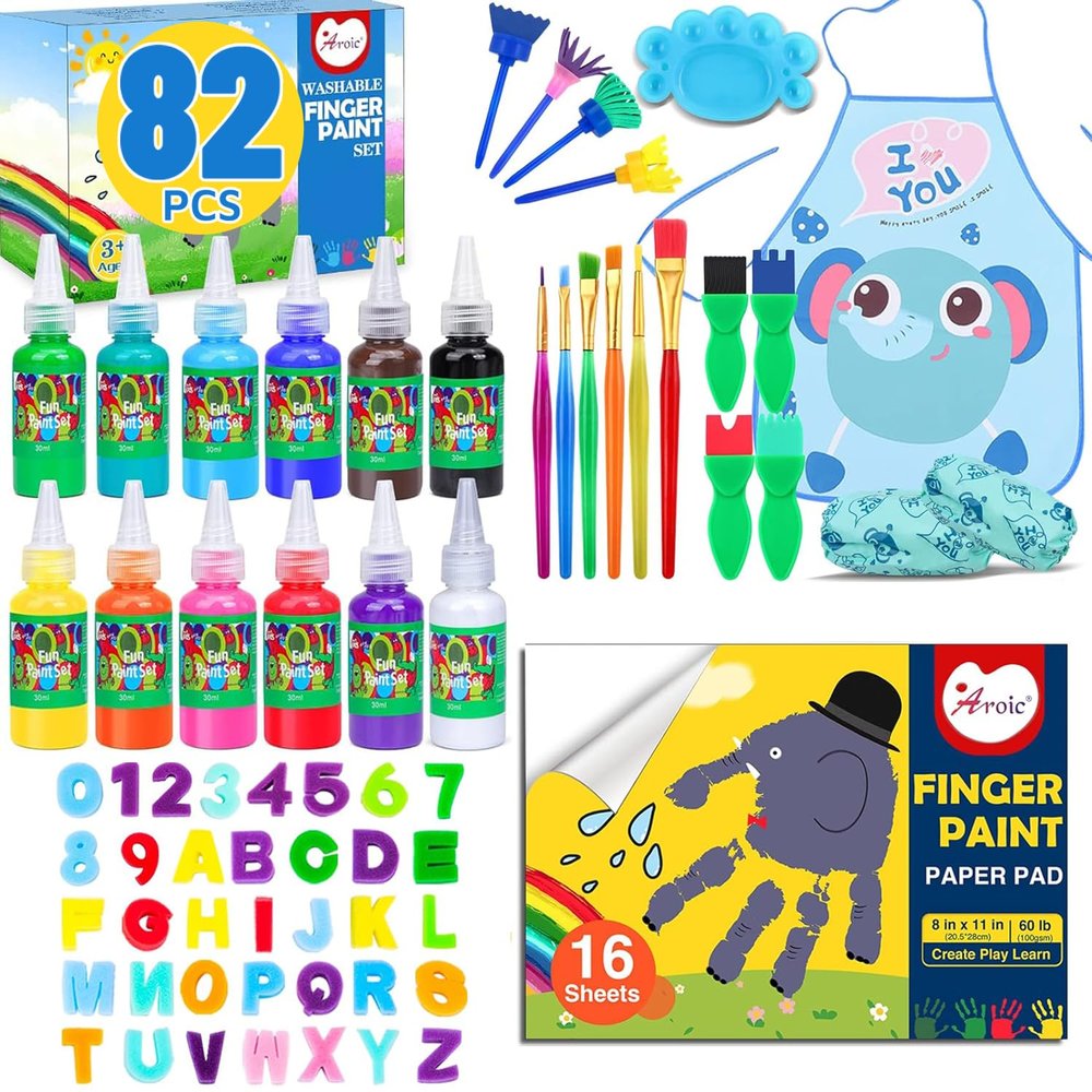 AROIC 82 Pack Washable Finger Paint Set, 12 Color Finger Paints 1 oz Each, Sponges, Painting Brushes, Waterproof Painting Apron, Palette Paper Drawing Gifts for Adults