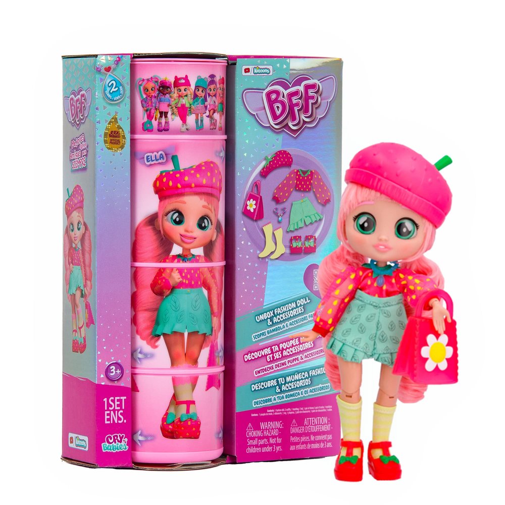 BFF by Cry Babies Ella Fashion Doll with 9+ Surprises Including Outfit and Accessories for Fashion Toy, Girls and Boys Ages 4 and Up, 7.8 Inch Doll, Multicolor