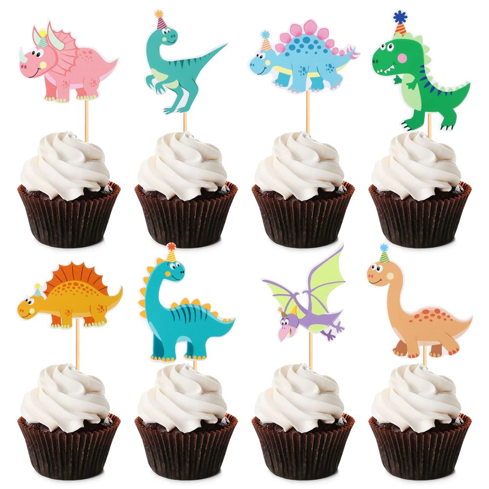 Ercadio 32 Pack Cartoon Dinosaur Cupcake Toppers Cute Dinosaur Baby Cupcake Picks Dinosaur's Theme Baby Shower Kids Birthday Party Cake Decorations Supplies
