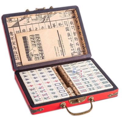 LSOAARRT Portable Chinese Family Mahjong Travel Set with 144 Mini Tiles,2 Pcs Dice & Leather Carrying Case Box for Travel Party (M)