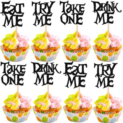 24 PCS Magic Alice Cupcake Toppers Glitter Try Me Take One Eat Me Cupcake Picks for Fairytale Wonderland Theme Baby Shower Kids Boys Girls Birthday Party Cake Decorations Supplies Black