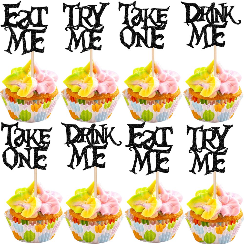 24 PCS Magic Alice Cupcake Toppers Glitter Try Me Take One Eat Me Cupcake Picks for Fairytale Wonderland Theme Baby Shower Kids Boys Girls Birthday Party Cake Decorations Supplies Black
