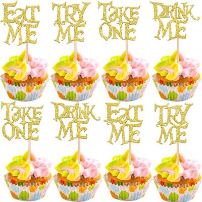 24 PCS Magic Alice Cupcake Toppers Glitter Try Me Take One Eat Me Cupcake Picks for Fairytale Magic Alice Theme Baby Shower Kids Boys Girls Birthday Party Cake Decorations Supplies Gold