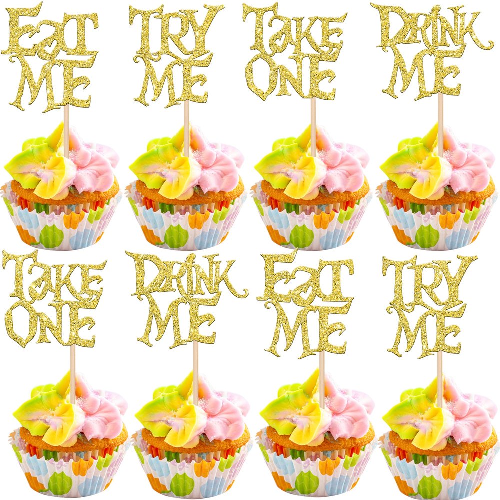 24 PCS Magic Alice Cupcake Toppers Glitter Try Me Take One Eat Me Cupcake Picks for Fairytale Magic Alice Theme Baby Shower Kids Boys Girls Birthday Party Cake Decorations Supplies Gold