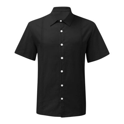 Maiyifu-GJ Men's Short Sleeve Cotton Linen Shirts Lightweight Summer Button Down Shirt Plain Tropical Holiday Beach T Shirt (Black,Medium)