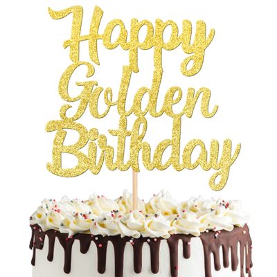 1 PCS Happy Golden Birthday Cake Topper - Gold Glitter Pick for Celebrating Anniversary Theme Party Cake Decorations Supplies
