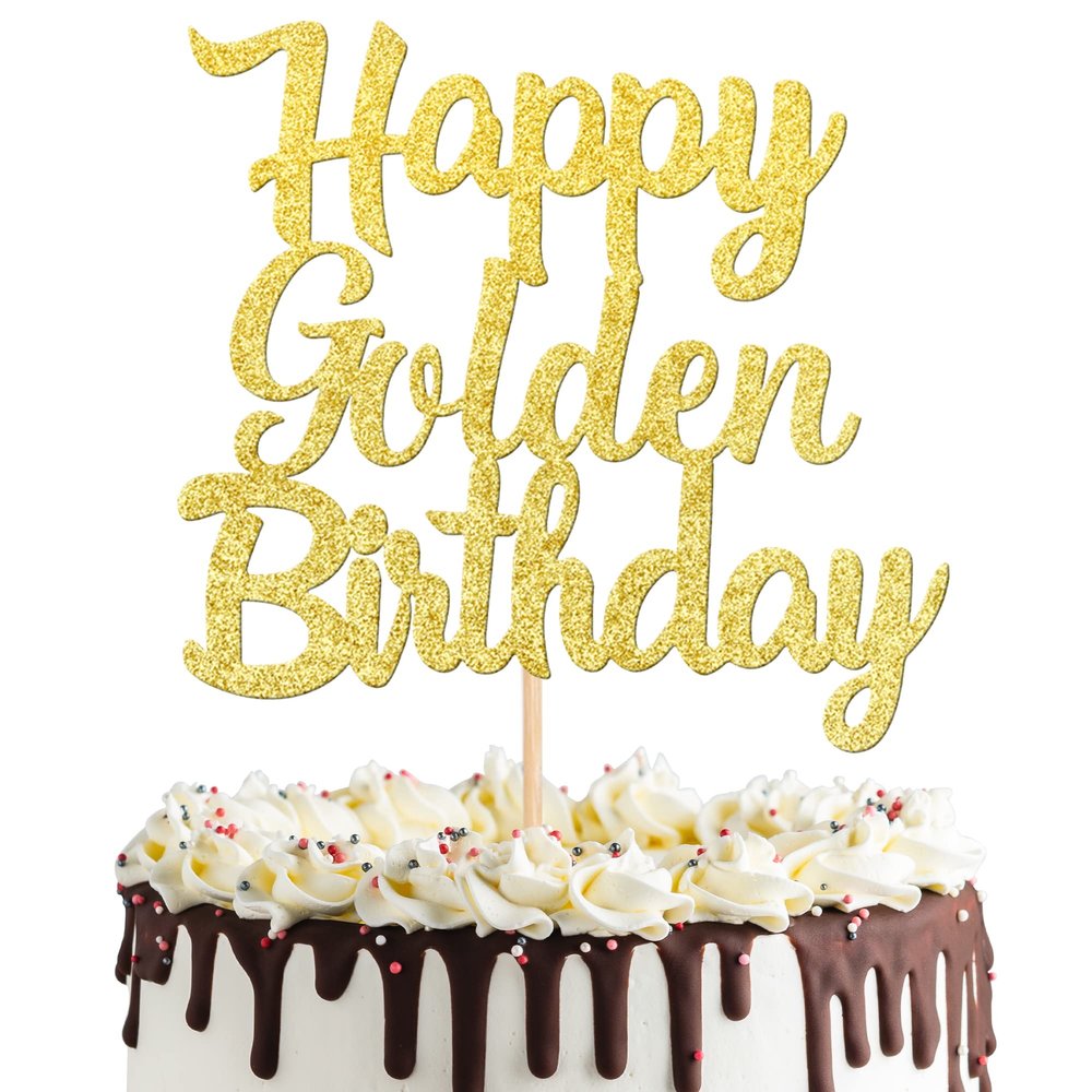 1 PCS Happy Golden Birthday Cake Topper - Gold Glitter Pick for Celebrating Anniversary Theme Party Cake Decorations Supplies